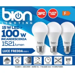 Bion Set 3 lampadine led a goccia 15 watt, resa 100 watt massima luminosita, attacco e27, luce fredda
