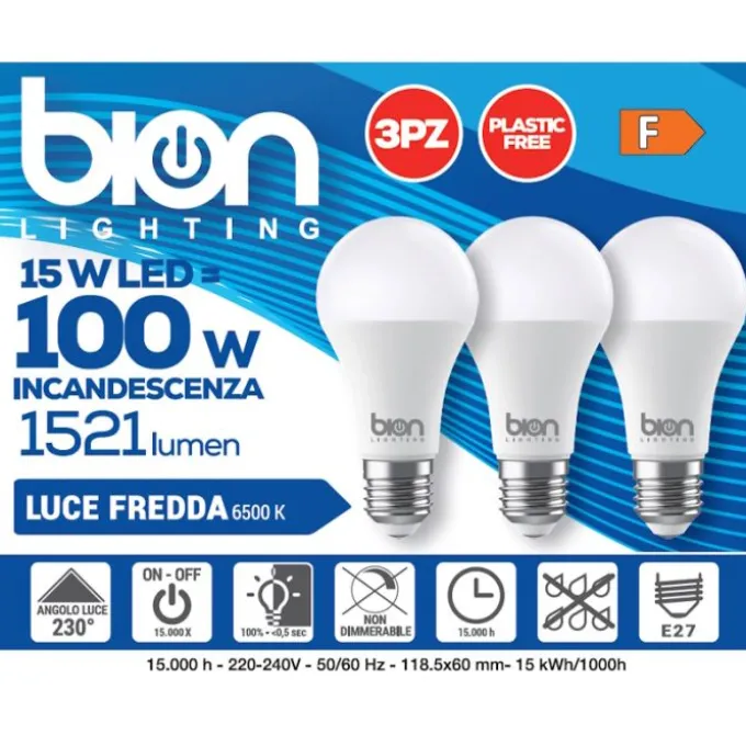 Bion Set 3 lampadine led a goccia 15 watt, resa 100 watt massima luminosita, attacco e27, luce fredda