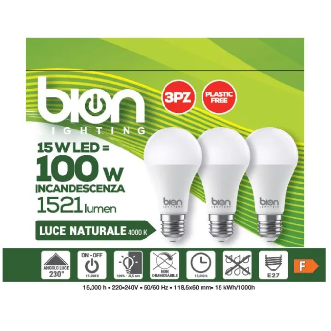 Bion Set 3 lampadine led a goccia 15 watt, resa 100 watt massima luminosita, attacco e27, luce naturale