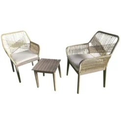 Gardenia Set bistrot Ilaria, struttura in acacia e acciaio, con corda in PE, composto da: 1 tavolo 40x40xh.40 cm + 2 poltrone 62x62xh.88 cm + cuscini colore ecru' seduta 5 cm in poliestere, colore beige