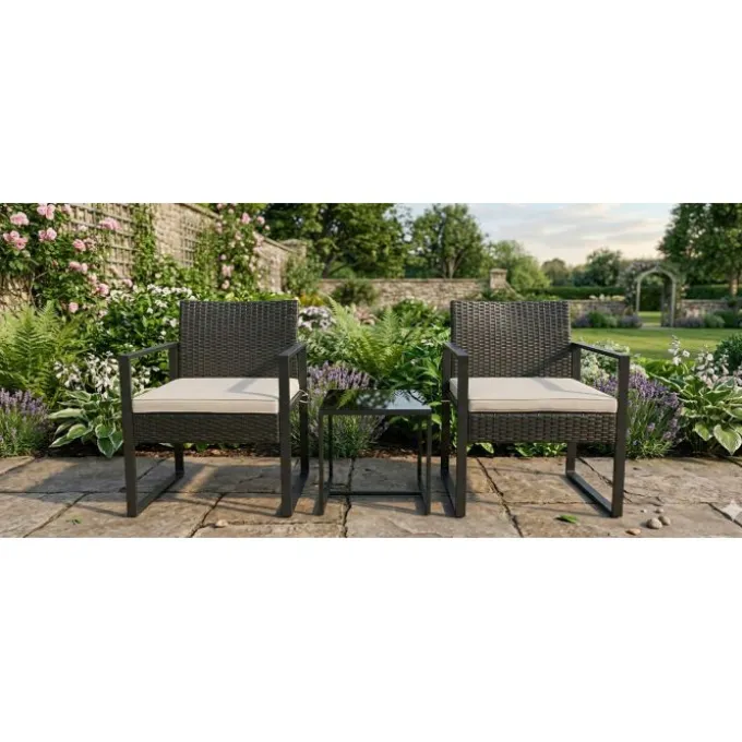 Gardenia Set bistrot melody, in acciaio e rattan, 2 poltrone Ø60x57,5xh.76,5 cm + 1 tavolino 42x40xh39,5