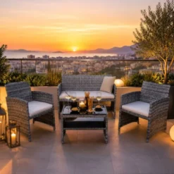 Gardenia Set Nitra, in wicker e acciaio, colore grigio chiaro