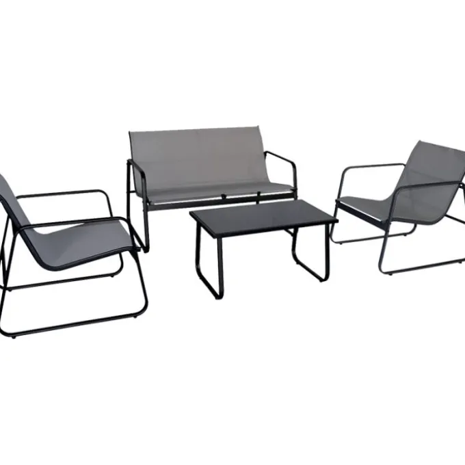 Gardenia Set sofa', in acciaio e textilene, divano, 2 poltrone, tavolino, grigio chiaro