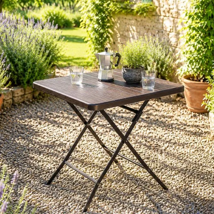 Gardenia Tavolo in resina, pieghevole, 78x78xh.74 cm, effetto legno, colore marrone