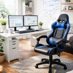 Gloxy Sedia gaming girevole, ergonomica, altezza regolabile, colore nera e blu