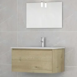 Idrak Mobile bagno modello mete 80 con specchiera completa di luce, rovere chiaro