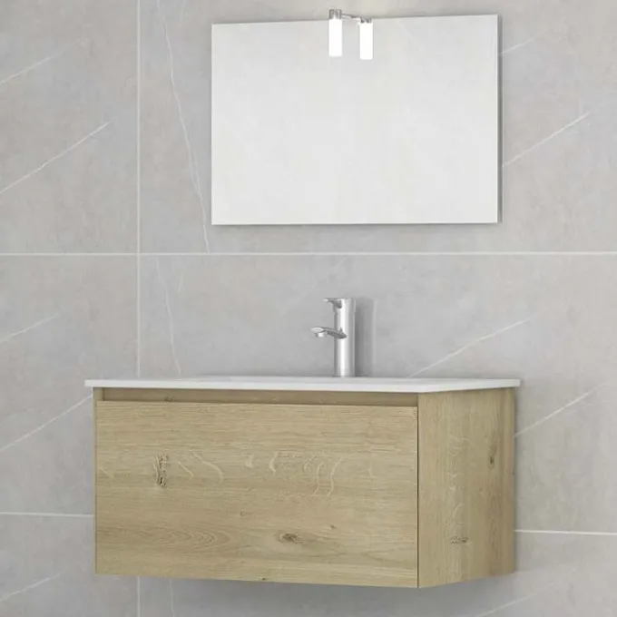 Idrak Mobile bagno modello mete 80 con specchiera completa di luce, rovere chiaro