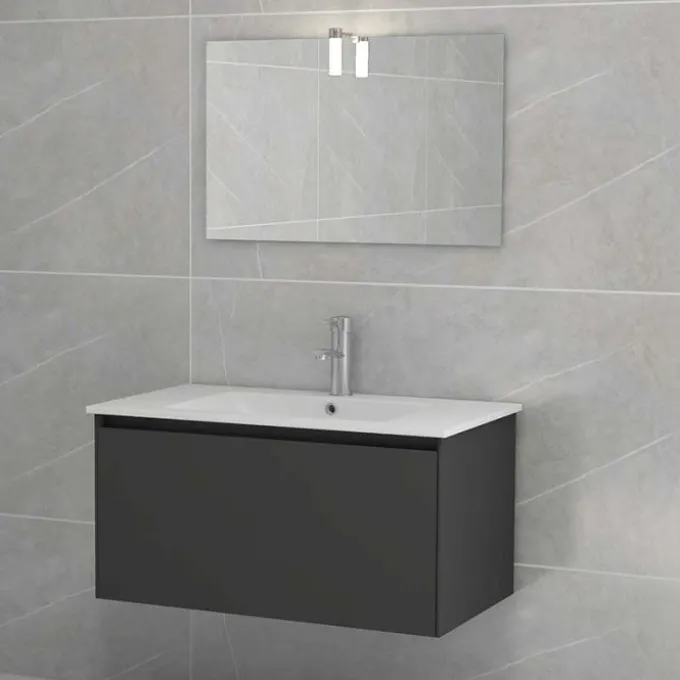 Idrak Mobile bagno sospeso mete 80, specchio con applique 80x45 cm, 78,2x45xh.40 cm, colore grigio scuro (esclusa rubinetteria)