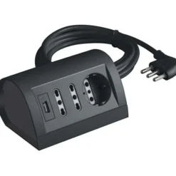 Multipresa da tavolo, 1 presa schuko + 2 bpasso 10/16 a, cavo da 2 mt, 2 prese usb, colore grigio