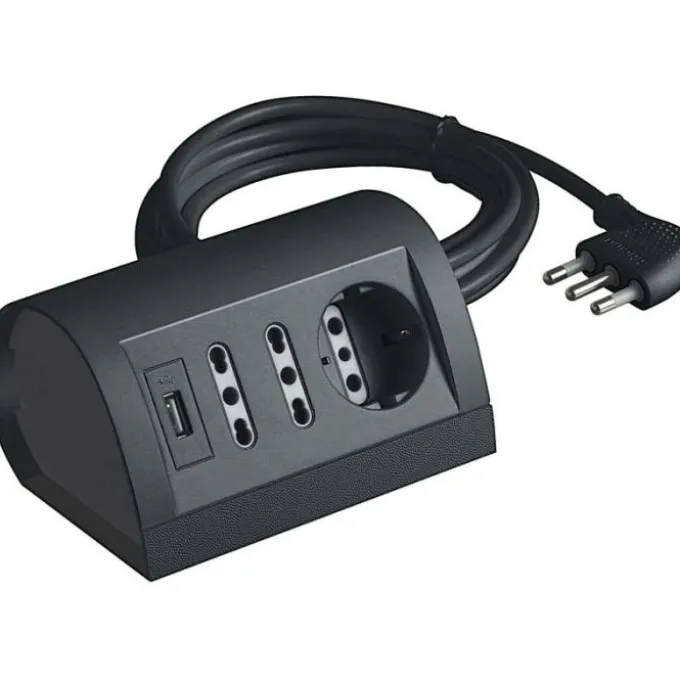 Multipresa da tavolo, 1 presa schuko + 2 bpasso 10/16 a, cavo da 2 mt, 2 prese usb, colore grigio