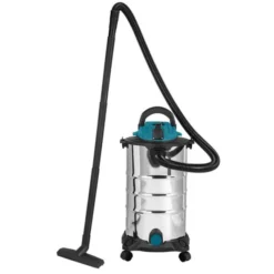 Newton Bidone aspirasolidi e liquidi 30 lt, potenza 1200w, con fusto in acciaio inox e presa per elettroutensili, incluso tubo flessibile, spazzola per aspiratore, filtro, foro uscita liquidi