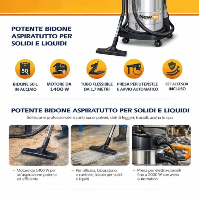Newton Bidone aspiratore 1400 w, 50 lt, per solidi/liquidi