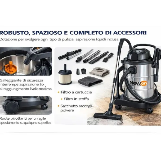 Newton Bidone aspiratore 1400 w, 50 lt, per solidi/liquidi