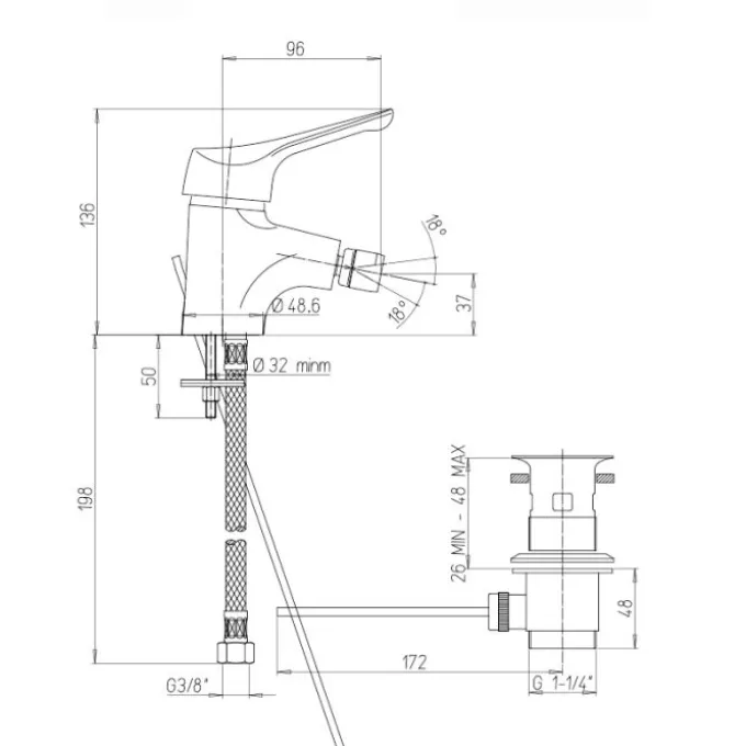 Rubinetto miscelatore monoforo per bidet, linea Alfa, finitura cromo